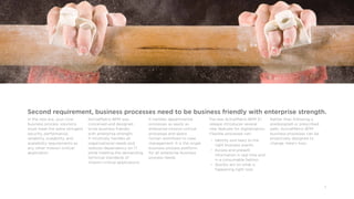 6
Second requirement, business processes need to be business friendly with enterprise strength.
In the new era, your core
business process solutions
must meet the same stringent
security, performance,
reliability, scalability, and
availability requirements as
any other mission-critical
application.
ActiveMatrix BPM was
conceived and designed
to be business friendly
with enterprise strength.
It intuitively handles all
organizational needs and
reduces dependency on IT
while meeting the demanding
technical standards of
mission-critical applications.
It handles departmental
processes as easily as
enterprise mission-critical
processes and spans
human workflows to case
management. It is the single
business process platform
for all enterprise business
process needs.
The new ActiveMatrix BPM 3.1
release introduces several
new features for digitalization.
Flexible processes can:
•  Identify and react to the
right business events.
• Access and present
information in real time and
in a consumable fashion.
•	 Quickly act on what is
happening right now.
Rather than following a
predesigned or prescribed
path, ActiveMatrix BPM
business processes can be
proactively designed to
change. Here’s how:
 