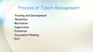 • Training and Development
• Retention
• Motivation
• Supervision
• Promotion
• Succession Planning
• Exit
Process of Talent Management
 