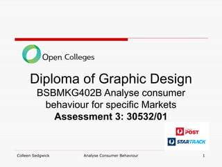 Colleen Sedgwick Analyse Consumer Behaviour 1
Diploma of Graphic Design
BSBMKG402B Analyse consumer
behaviour for specific Markets
Assessment 3: 30532/01
 