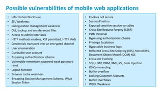 32
Possible vulnerabilities of mobile web applications
• Information Disclosure
• SSL Weakness
• Configuration management weakness
• Old, backup and unreferenced files
• Access to Admin interfaces
• HTTP methods enables, XST permitted, HTTP Verb
• Credentials transport over an encrypted channel
• User enumeration
• Guessable user account
• Bypassing authentication schema
• Vulnerable remember password weak password
reset
• Logout function
• Browser cache weakness
• Bypassing Session Management Schema, Weak
Session Token
• Cookies not secure
• Session Fixation
• Exposed sensitive session variables
• Cross-Site Request Forgery (CSRF)
• Path Traversal
• Bypassing authorization schema
• Privilege Escalation
• Bypassable business logic
• Reflected Cross-Site Scripting (XSS), Stored XSS,
Document Object Model (DOM) XSS
• Cross Site Flashing
• SQL, LDAP, ORM, XML, SSI, Code Injection
• OS Commanding
• Buffer overflow
• Locking Customer Accounts
• Buffer Overflows
• WSDL Weakness
 