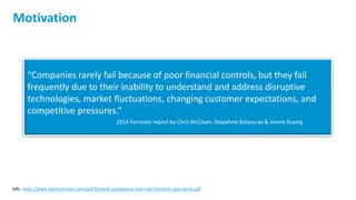 4
Motivation
“Companies rarely fail because of poor financial controls, but they fail
frequently due to their inability to understand and address disruptive
technologies, market fluctuations, changing customer expectations, and
competitive pressures.”
2014 Forrester report by Chris McClean, Stepahnie Balaouras & Jennie Duong
URL: http://www.metricstream.com/pdf/Extend-compliance-and-risk-Forrester-play-book.pdf
 