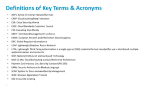 41
Definitions of Key Terms & Acronyms
• ADFS: Active Directory Federated Services
• CADF: Cloud Auditing Data Federation
• CSA: Cloud Security Alliance
• CSCC: Cloud Standards Customers Council
• CSS: Cascading Style Sheets
• DMTF: Distributed Management Task Force
• ENISA: European Network and Information Security Agency
• GRC: Global Regulatory Compliance
• LDAP: Lightweight Directory Access Protocol
• LTPA: Lightweight Third Party Authentication is a single-sign on (SSO) credential format intended for use in distributed, multiple
application server environments.
• NIST: National Institute of Standards and Technology
• NIST CC SRA: Cloud Computing Standard Reference Architecture
• Payment Card Industry Data Security Standard (PCI DSS)
• SAML: Security Authorization Markup Language
• SCIM: System for Cross-domain Identity Management
• WAP: Wireless Application Protocol
• XSS: Cross-Site Scripting
 