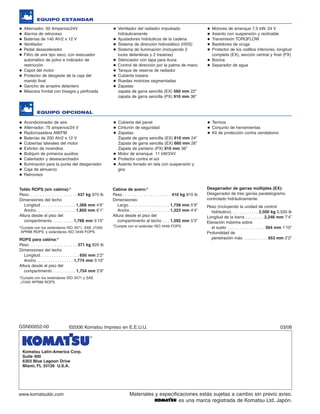 GSN00052-00 ©2006 Komatsu Impreso en E.E.U.U. 03/06
www.komatsuklc.com Materiales y especificaciones estás sujetas a cambio sin previo aviso.
es una marca registrada de Komatsu Ltd. Japón.
EQUIPO ESTANDAR
Alternador, 50 Amperios/24V
Alarma de retroceso
Baterías de 140 Ah/2 x 12 V
Ventilador
Pedal desacelerador
Filtro de aire tipo seco, con evacuador
automático de polvo e indicador de
restricción
Capot del motor
Protector de desgaste de la caja del
mando final
Gancho de arrastre delantero
Máscara frontal con bisagra y perforada
Ventilador del radiador impulsado
hidráulicamente
Ajustadores hidráulicos de la cadena
Sistema de dirección hidrostático (HSS)
Sistema de iluminación (incluyendo 2
luces delanteras y 2 traseras)
Silenciador con tapa para lluvia
Control de dirección por la palma de mano
Tanque de reserva de radiador
Cubierta trasera
Ruedas motrices segmentadas
Zapatas:
zapata de garra sencilla (EX) 560 mm 22”
zapata de garra sencilla (PX) 910 mm 36”
Motores de arranque 7.5 kW, 24 V
Asiento con suspensión y reclinable
Transmisión TORQFLOW
Bastidores de oruga
Protector de los rodillos inferiores, longitud
completa (EX), sección central y final (PX)
Bocina
Separador de agua
Toldo ROPS (sin cabina):*
Peso. . . . . . . . . . . . . . . . . . . . . 437 kg 970 lb
Dimensiones del techo
Longitud . . . . . . . . . . . . . . . 1,368 mm 4’6”
Ancho . . . . . . . . . . . . . . . . . 1,850 mm 6’1”
Altura desde el piso del
compartimento . . . . . . . . . 1,768 mm 5’10”
*Cumple con los estándares ISO 3471, SAE J1040
APR88 ROPS, y estándares ISO 3449 FOPS.
ROPS para cabina:*
Peso. . . . . . . . . . . . . . . . . . . . . 371 kg 820 lb
Dimensiones del techo
Longitud. . . . . . . . . . . . . . . . . 650 mm 2’2”
Ancho . . . . . . . . . . . . . . . . 1,774 mm 5’10”
Altura desde el piso del
compartimento . . . . . . . . . . 1,754 mm 5’9”
*Cumple con los estándares ISO 3471 y SAE
J1040 APR88 ROPS.
Desgarrador de garras múltiples (EX):
Desgarrador de tres garras paralelogramo
controlado hidráulicamente.
Peso (incluyendo la unidad de control
hidráulico). . . . . . . . . . . . 2,500 kg 5,520 lb
Longitud de la barra . . . . . . . . 2,246 mm 7’4”
Elevación máxima sobre
el suelo . . . . . . . . . . . . . . . . 564 mm 1’10”
Profundidad de
penetración máx. . . . . . . . . . . 653 mm 2’2”
Cabina de acero:*
Peso . . . . . . . . . . . . . . . . . . . . . 410 kg 910 lb
Dimensiones:
Largo. . . . . . . . . . . . . . . . . . 1,758 mm 5’9”
Ancho . . . . . . . . . . . . . . . . . 1,323 mm 4’4”
Altura desde el piso del
compartimento al techo . . . 1,592 mm 5’3”
*Cumple con el estándar ISO 3449 FOPS.
EQUIPO OPCIONAL
Acondicionador de aire
Alternador, 75 amperios/24 V
Radio/casetera AM/FM
Baterías de 200 Ah/2 x 12 V
Cubiertas laterales del motor
Extintor de incendios
Botiquín de primeros auxilios
Calentador y desescarchador
Iluminación para la punta del desgarrador
Caja de almuerzo
Retrovisor
Cubierta del panel
Cinturón de seguridad
Zapatas:
Zapata de garra sencilla (EX) 610 mm 24”
Zapata de garra sencilla (EX) 660 mm 26”
Zapata de pantano (PX) 910 mm 36”
Motor de arranque 11 kW/24V
Protector contra el sol
Asiento forrado en tela con suspensión y
gira
Termos
Conjunto de herramientas
Kit de protección contra vandalismo
Komatsu Latin-America Corp.
Suite 400
6303 Blue Lagoon Drive
Miami, FL 33126 U.S.A.
d85ex_px-15_e050825 esp.qxp 3/20/2006 2:14 PM Page a1
 