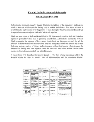 Karachi: the Sufis, saints and their myths
Sohail Ansari Dow 1983
Following the comments made by Saleem Bha in the last edition of the magazine, I made up my
mind to write on religious myths, having been a surkha, and chose a few whose account is
available in the archives and from the gazettes of India during the Raj. Muslims and Hindus lived
in a great harmony and enjoyed each other’s festivals together.
Sindh has been a land of Sufis and Karachi had its fair share as well. Ancient Sufis are viewed as
agents of spirituality with a halo of genuinity around them. All the Sufis and mystic poets of
Sindh propagated the message of love, peace, brotherhood and happiness not only for all the
dwellers of Sindh but for the whole world. The one thing about them that strikes me is their
following among a variety of colours and religions as well as their humble efforts towards the
harmony of society. Old time legends claim that the Sufis and saints protect Karachi from
storms, cyclones, tsunamis and all sea-related disasters.
A report from 1876 describes the fairs in Karachi – ‘The fairs of any importance held in the
Karachi taluka are nine in number, two of Muhammadan and the remainder Hindu’:
 