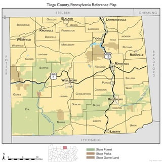 Tioga County, Pennsylvania Reference Map
0 105
Miles
P
O
T
T
E
R
B
R
A
D
F
O
R
D
S T E U B E N
L Y C O M I N G
C H E M U N G
±
ELKLANDELKLAND LAWRENCEVILLE
KNOXVILLE
WESTFIELD
TIOGA
ROSEVILLE
MANSFIELD
BLOSSBURG
WELLSBORO
LIBERTY
P���
C����
T����R����
BROOKFIELD
DEERFIELD
WESTFIELD
CLYMER
GAINES
ELK
MORRIS
LIBERTY
UNION
WARD
SULLIVAN
RUTLAND
JACKSON
LAWRENCE
NELSON
OSCEOLA
FARMINGTON
MIDDLEBURY
CHATHAM
SHIPPEN
DELMAR
DUNCAN BLOSS
CHARLESTOWN
HAMILTON
COVINGTON
PUTNAM
RICHMOND
TIOGA
Troy Lattimer | 2015
6
15
State Forest
State Parks
State Game Land
NY
PA
 