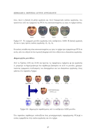 ΚΕΦΑΛΑΙΟ 3: ΜΟΝΤΕΛΑ ACTIVE APPEARANCE
όπου A0(x) η βασική (ή μέση) εμφάνιση και Ai(x) διαφορετικές εικόνες εμφάνισης, που
προκύπτουν από την εφαρμογή της PCA στις κανονικοποιημένες ως προς το σχήμα εικόνες.
Σχήμα 3.7: Το γραμμικό μοντέλο εμφάνισης ενός ανεξάρτητου ΑΑΜ. Η βασική εμφάνιση
A0 και οι τρεις πρώτες εικόνες εμφάνισης A1, A2, A3
Οι εικόνες εκπαίδευσης είναι κανονικοποιημένες ως προς το σχήμα πριν εφαρμόσουμε PCA σε
αυτές, κάτι που οδηγεί σε ένα συμπαγή ιδιοχώρο από όπου εξάγονται οι ιδιοεικόνες εμφάνισης.
Δημιουργία μοντέλου
Από τις Σχέσεις (3.9) και (3.10) και έχοντας τις παραμέτρους σχήματος p και εμφάνισης
λ, μπορούμε να δημιουργήσουμε ένα παράδειγμα βασισμένο σε αυτό το μοντέλο, χρησιμο-
ποιώντας γραμμικούς συνδυασμούς των ιδιοσχημάτων και των ιδιοεικόνων εμφάνισης, όπως
φαίνεται στο παρακάτω Σχήμα:
Σχήμα 3.8: Δημιουργία παραδείγματος από το ανεξάρτητο ΑΑΜ μοντέλο.
Στο παραπάνω παράδειγμα υπολογίζεται ένας μετασχηματισμός παραμόρφωσης W(x;p) ο
οποίος εφαρμόζεται στην εικόνα εμφάνισης και στο σχήμα.
27
 