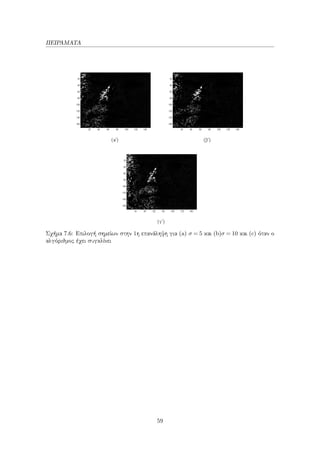 ΠΕΙΡΑΜΑΤΑ
(αʹ) (βʹ)
(γʹ)
Σχήμα 7.6: Επιλογή σημείων στην 1η επανάληψη για (a) σ = 5 και (b)σ = 10 και (c) όταν ο
αλγόριθμος έχει συγκλίνει
59
 