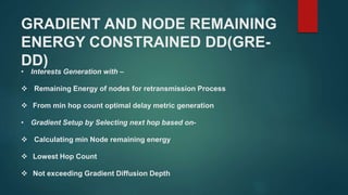 GRADIENT AND NODE REMAINING
ENERGY CONSTRAINED DD(GRE-
DD)
• Interests Generation with –
 Remaining Energy of nodes for retransmission Process
 From min hop count optimal delay metric generation
• Gradient Setup by Selecting next hop based on-
 Calculating min Node remaining energy
 Lowest Hop Count
 Not exceeding Gradient Diffusion Depth
 