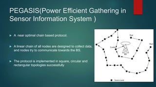 PEGASIS(Power Efficient Gathering in
Sensor Information System )
 A near optimal chain based protocol.
 A linear chain of all nodes are designed to collect data,
and nodes try to communicate towards the BS.
 The protocol is implemented in square, circular and
rectangular topologies successfully
 