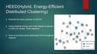 HEED(Hybrid, Energy-Efficient
Distributed Clustering)
 Extends the basic scheme of LEACH
 Using residual energy and node degree or density as
a metric for cluster head selection
 Aims to provide evenly distributed CHs throughout the
network
 
