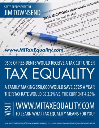 TAX EQUALITY
95% OF RESIDENTSWOULD RECEIVE ATAX CUT UNDER
A FAMILY MAKING $50,000WOULD SAVE $525 AYEAR
THEIRTAX RATEWOULD BE 3.2%VS.THE CURRENT 4.25%
WWW.MITAXEQUALITY.COM
www.MITaxEquality.com
VISIT
TO LEARNWHATTAX EQUALITY MEANS FORYOU!
N-790 HOUSE OFFICE BUILDING | PO BOX 30014, LANSING, MI 48909 | (517) 373-3818 | JIMTOWNSEND@HOUSE.MI.GOV |TOWNSEND.HOUSEDEMS.COM
STATE REPRESENTATIVE
JIMTOWNSEND
 