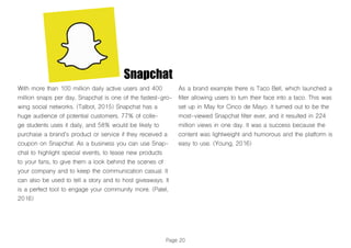 Page 20
Snapchat
With more than 100 million daily active users and 400
million snaps per day, Snapchat is one of the fastest-gro-
wing social networks. (Talbot, 2015) Snapchat has a
huge audience of potential customers. 77% of colle-
ge students uses it daily, and 58% would be likely to
purchase a brand’s product or service if they received a
coupon on Snapchat. As a business you can use Snap-
chat to highlight special events, to tease new products
to your fans, to give them a look behind the scenes of
your company and to keep the communication casual. It
can also be used to tell a story and to host giveaways. It
is a perfect tool to engage your community more. (Patel,
2016)
As a brand example there is Taco Bell, which launched a
filter allowing users to turn their face into a taco. This was
set up in May for Cinco de Mayo. It turned out to be the
most-viewed Snapchat filter ever, and it resulted in 224
million views in one day. It was a success because the
content was lightweight and humorous and the platform is
easy to use. (Young, 2016)
 