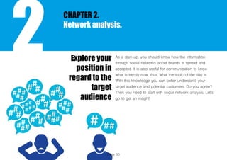 Page 30
2
CHAPTER 2.
Network analysis.
Explore your
position in
regard to the
target
audience
As a start-up, you should know how the information
through social networks about brands is spread and
accepted. It is also useful for communication to know
what is trendy now, thus, what the topic of the day is.
With this knowledge you can better understand your
target audience and potential customers. Do you agree?
Then you need to start with social network analysis. Let’s
go to get an insight!
 