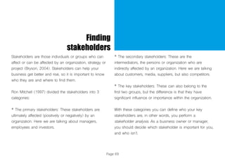 Page 69
Finding
stakeholders
Stakeholders are those individuals or groups who can
affect or can be affected by an organization, strategy or
project (Bryson, 2004). Stakeholders can help your
business get better and rise, so it is important to know
who they are and where to find them.
Ron Mitchell (1997) divided the stakeholders into 3
categories:
* The primary stakeholders: These stakeholders are
ultimately affected (positively or negatively) by an
organization. Here we are talking about managers,
employees and investors.
* The secondary stakeholders: These are the
intermediators, the persons or organization who are
indirectly affected by an organization. Here we are talking
about customers, media, suppliers, but also competitors.
* The key stakeholders: These can also belong to the
first two groups, but the difference is that they have
significant influence or importance within the organization.
With these categories you can define who your key
stakeholders are, in other words, you perform a
stakeholder analysis. As a business owner or manager,
you should decide which stakeholder is important for you,
and who isn’t.
 