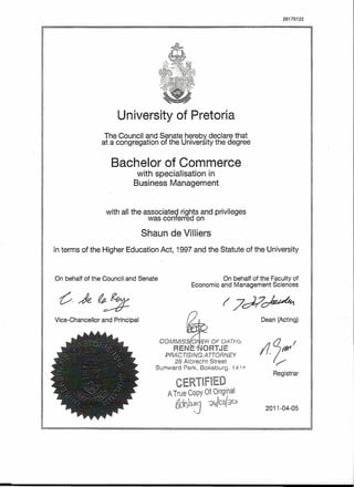 26179122
University of Pretoria
The Council and Senate hereby' declare that
at a congregation of the University the degree
Bachelor of Commerce
with specialisation in
Business Management
with all the associated rights and privileges
was conferred on
Shaun de Villiers
in terms of the Higher Education Act, 1997 and the Statute of the University
On behalf of the Council and Senate On behalf of the Faculty of
Economic and Management Sciences
c,~~~ ( 7d-?~
11./:1
Vice-Chancellor and Principal Dean (Acting)
COMMISSiON/ER OF OATH~
RENit=-iijORT JE
PRACTISING ATTORNEY
28 Albrecht Street
Sunward Park, Boksburq, '141 P
Registrar
CER1U='ED
A True Copy Of Original .
&kSWj ?Ji/m/de11
2011-04-05
 