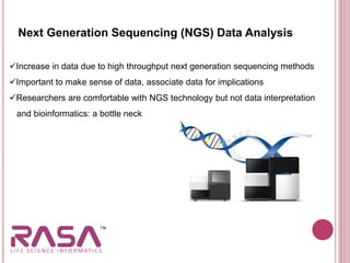 Next Generation Sequencing (NGS) Data Analysis
Increase in data due to high throughput next generation sequencing methods
Important to make sense of data, associate data for implications
Researchers are comfortable with NGS technology but not data interpretation
and bioinformatics: a bottle neck
 