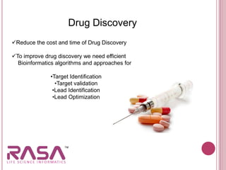 Drug Discovery
Reduce the cost and time of Drug Discovery
To improve drug discovery we need efficient
Bioinformatics algorithms and approaches for
•Target Identification
•Target validation
•Lead Identification
•Lead Optimization
 
