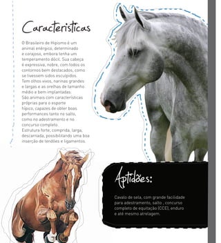 O Brasileiro de Hipismo é um
animal enérgico, determinado
e corajoso, embora tenha um
temperamento dócil. Sua cabeça
é expressiva, nobre, com todos os
contornos bem destacados, como
se tivessem sidos esculpidos.
Tem olhos vivos, narinas grandes
e largas e as orelhas de tamanho
médio e bem implantadas.
São animais com características
próprias para o esporte
hípico, capazes de obter boas
performances tanto no salto,
como no adestramento e no
concurso completo.
Estrutura forte, comprida, larga,
descarnada, possibilitando uma boa
inserção de tendões e ligamentos.
Caracteristicas
Cavalo de sela, com grande facilidade
para adestramento, salto , concurso
completo de equitação (CCE), enduro
e até mesmo atrelagem.
Aptidões:Cavalo de sela, com grande facilidade
Aptidões:
 