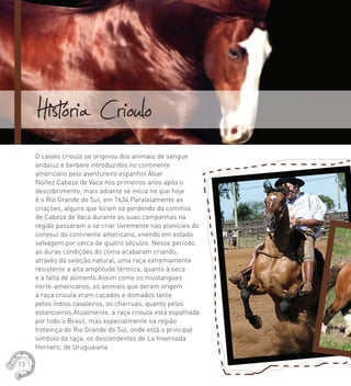 História Crioulo
O cavalo crioulo se originou dos animais de sangue
andaluz e berbere introduzidos no continente
americano pelo aventureiro espanhol Álvar
Núñez Cabeza de Vaca nos primeiros anos após o
descobrimento, mais adiante se inicia no que hoje
é o Rio Grande do Sul, em 1634.Paralelamente as
criações, alguns que foram se perdendo da comitiva
de Cabeza de Vaca durante as suas campanhas na
região passaram a se criar livremente nas planícies do
conesul do continente americano, vivendo em estado
selvagem por cerca de quatro séculos. Nesse período,
as duras condições do clima acabaram criando,
através da seleção natural, uma raça extremamente
resistente a alta amplitude térmica, quanto à seca
e à falta de alimento.Assim como os mustangues
norte-americanos, os animais que deram origem
à raça crioula eram caçados e domados tanto
pelos índios cavaleiros, os charruas, quanto pelos
estancieiros.Atualmente, a raça crioula está espalhada
por todo o Brasil, mas especialmente na região
froteiriça do Rio Grande do Sul, onde está o principal
símbolo da raça, os descendentes de La Invernada
Hornero, de Uruguaiana.
13
 