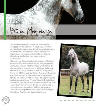 Com essa denominação, tornou-se famosa uma
população equina, no sul de Minas Gerais, limítrofe
com São Paulo, na primeira década do século passado.
Posteriormente membros da família JUNQUEIRA,
responsáveis por essa criação, mudaram-se para
o Estado de São Paulo e com eles trouxeram
sua montarias.
A famosa raça de equinos logo contagiou os Paulistas,
que adotaram e a disseminaram por todo o Estado de
São Paulo e Estados vizinhos. Traçar um histórico da
raça Mangalarga equivale narrar a história da família
JUNQUEIRA.O início da seleção da Raça Mangalarga
deu-se em 1812 na fazenda Campo Alegre, em Baependi,
hoje município de Cruzília, onde o Barão de Alfenas
instalou-se. Consta, ainda que nesta data, teria o Barão
recebido de presente do Princípe Regente D.João VI um
cavalo Álter, que passou a usar como garanhão em suas
éguas. Os animais oriundos destes acasalamentos se
constituíram nos formadores da Raça Mangalarga. .
Tanto o Mangalarga Marchador como o Mangalarga ou
Mangalarga Paulista, são duas raças ibérica.
História Mangalarga
21
 