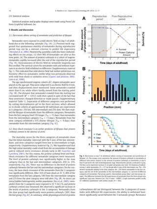 2.9. Statistical analyses
Statistical analyses and graphic displays were made using Prism 5.0c
from GraphPad Software, Inc.
3. Results and discussion
3.1. Electrotaxis allows sorting of nematodes and prediction of lifespan
Nematodes were exposed to a mild electric ﬁeld on day 5 of adult-
hood due to the following rationale (Fig. 1A): (i) Previous work sug-
gested that spontaneous motility of nematodes during reproductive
period may not be a relevant criterion to predict life expectancy
(Herndon et al., 2002). Noteworthy, gravidity could also have confound-
ing effects on our assays. (ii) Over 99% of nematodes are alive at this
time point. (iii) The amount of protein carbonyls in a cohort of isogenic
nematodes rapidly increased after the end of the reproductive period
(Fig. 1A). Innocuousness of electric ﬁeld on nematode longevity was
ﬁrst veriﬁed. The survival curves for nematodes with and without expo-
sure to an electric ﬁeld exhibited no difference (Supplementary material
Fig. 1). This indicated that mild electric ﬁeld had neither deleterious nor
hormetic effect on nematodes, unlike what was previously observed
with mild heat-shock or oxidative stress (Cypser and Johnson, 2002;
Link et al., 1999).
The age-synchronized isogenic cohorts of C. elegans nematodes were
placed on the agar gel. They were subjected to an electric ﬁeld for 8 min,
and their displacements were monitored. Some nematodes crawled
more than 6 cm, while others hardly moved from the starting point
(Fig. 1B). The distance that nematodes crawled from the starting line
correlated well (R2
= 0.912) with their speed in spite of the fact that
they sometimes changed direction or made pauses (Supplementary
material Table 1). Separation of different categories was performed
by cutting electrophoresis gel in the three sections, which allowed
us to divide cohorts of approximately 60 individuals per experiment
in 3 categories: 25% fast, 50% intermediate and 25% slow. We then stud-
ied the lifespan of nematodes from the different categories. Nematodes
from the fast category lived 15% longer (T50 = 15 days) than nematodes
from the intermediate category (T50 = 13 days). Nematodes from the
slow category exhibited a 31% shorter lifespan (T50 = 9 days) than
nematodes from the intermediate category (Fig. 1C).
3.2. Heat-shock resistance is an earlier predictor of lifespan than protein
carbonyl content in the absence of stress
The mortality curves for the three categories of nematodes show
that the initial mortality (intercept with the Y axis) of the fast, interme-
diate, and slow categories ranged from low to intermediate to high,
respectively (Supplementary material Fig. 2). We hypothesized that
the high initial mortality could result from the accumulation of damage
and/or reduced stress resistance already early in life (Gavrilov and
Gavrilova, 2001). For this reason, the protein carbonyl level and heat-
shock resistance for different nematode categories were measured.
The level of protein carbonyls was signiﬁcantly higher in the slow
category than in the fast and intermediate categories, 43% vs. 33%,
respectively (Fig. 2A). There was no difference in the level of protein
carbonyls between the fast and the intermediate categories. On the con-
trary, the heat-shock resistance of the nematodes from the 3 categories
was signiﬁcantly different. After 10 h of heat-shock at 35 °C, 80% of the
nematodes from the fast category, 54% from the intermediate category
and 27% from the slow category were still alive (Fig. 2B). As stress can
reveal hidden heterogeneity within population (Rea et al., 2005), nem-
atodes from the 3 categories were exposed to 35 °C for 2 h, and protein
carbonyl content was measured. We observed a signiﬁcant increase in
the levels of protein carbonyls in the 3 categories. Nematodes from
the slow group had signiﬁcantly more protein carbonyls (26%) than
the fast group (Fig. 2C). In summary, while physiological level of protein
carbonylation did not distinguish between the 3 categories of nema-
todes with different life expectancies, the ability to withstand heat-
shock signiﬁcantly varied between the 3 nematode groups. Resistance
Fig. 1. Electrotaxis at day 5 of adulthood allows sorting of nematodes and prediction of
lifespan. (A) The orange curve represents the amount of protein carbonyls in nematodes at
different time points relative to the amount of protein carbonyls in nematodes at day 0.
Day 0 represents the end of developmental stage. Reproductive period is indicated in gray.
The blue curve represents survival (%) of adult nematodes over time. (B) Positions of individ-
ual day 5 adult nematodes (N = 47) on the gel after 8 min of the electrotaxis run. The ~25%
slowest nematodes belong to the slow category, the ~25% fastest nematodes to the fast cat-
egory, and the rest of the nematodes to the intermediate category. (C) Survival of different
categories of nematodes: Fast group (green), intermediate group (blue) and slow group (or-
ange). The difference between the life expectancies of nematodes from the three groups was
signiﬁcant (Log-rank (Mantel–Cox) Test, P value b 0.0001). Graph represents pooled results
of 3 different experiments with similar results (N = 503).
14 X. Manière et al. / Experimental Gerontology 60 (2014) 12–17
 