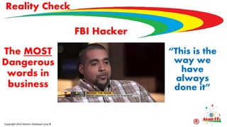 FBI Hacker
Copyright 2014 Atomic Database Corp ©
Reality Check
The MOST
Dangerous
words in
business
“This is the
way we
have
always
done it”
 