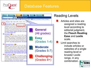 Database Features
Reading Levels
Articles and sites are
assigned a reading
level according to
editorial judgment,
the Flesch Reading
Ease and Lexile
scale.
Limit searches to
include articles or
websites of a single
reading level or
broader Lexile
range, in any
combination.
Easy
(Grades 1-4)
General
(All grades)
Moderate
(Grades 5-7)
Challenging
(Grades 8+)
 
