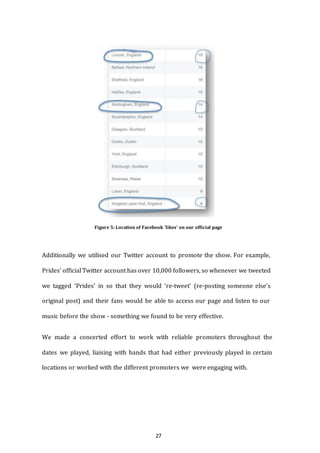 27
Figure 5: Location of Facebook 'likes' on our official page
Additionally we utilised our Twitter account to promote the show. For example,
Prides’ official Twitter account has over 10,000 followers, so whenever we tweeted
we tagged ‘Prides’ in so that they would ‘re-tweet’ (re-posting someone else’s
original post) and their fans would be able to access our page and listen to our
music before the show ­ something we found to be very effective.
We made a concerted effort to work with reliable promoters throughout the
dates we played, liaising with bands that had either previously played in certain
locations or worked with the different promoters we were engaging with.
 