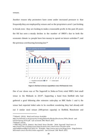 29
venues.
Another reason why promoters have come under increased pressure is that
frequently they are employed by venues and so the proprietors aren’t just looking
to break even - they are looking to make a reasonable profit. In the past 20 years
the UK has seen a steady decline in the number of SMSV’s due to both the
economic climate i.e. people have less money to spend on leisure activities43, and
the previous overbearing licensing law.44
One of our shows was at The Sugarmill in Stoke-on-Trent, voted NME’s best small
venue in the Midlands in 201445. Supporting a band from Sheffield who had
gathered a good following after extensive radio-play on BBC Radio 1 and 6, the
venue had expected ticket sales to be excellent considering they had already sold
out 3 similar sized venues (400-person capacity) in Sheffield, Manchester and
43 Bidwell. (2014). Retail and Leisure. Available:
http://m.bidwells.co.uk/property/Config/Bidwells/Media/Brochures/PDFs/Retail-­­ and--­
Leisure--­Spring--­2014.pdf. Last accessed 29th March 2015.
44 Bidwell. (2O14).
45 NME Blog. (2013). Britain's Best Small Venue Shortlist -­­ Stoke Sugarmill Read more at
http://www.nme.com/blogs/nme--­blogs/britains--­best--­small--­venue--­shortlist--­stoke-­­
sugarmill#bmmOfKg1CIuLmfU1.99. Available: http://www.nme.com/blogs/nme-­­ blogs/britains--­
best--­small--­venue--­shortlist--­stoke--­sugarmill. Last accessed 14th March 2015.
Figure 6: Decline in leisure expenditure since UK financial crisis
 