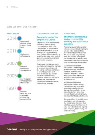 BECOME
RECRUITMENT6
OUR CORPORATE STRUCTURE
Become is part of the
Empresaria Group
Empresaria is an international
specialist staffing group.
Our companies offer a full
complement of recruitment
and HR related services to a
diversity of clients ranging
from Fortune 500 companies to
small businesses, from central
government agencies to local
community services.
Empresaria companies, each
specialising in specific markets
or services, operate across
the world with representation
in over 18 countries and
over 80 offices. Our sector
focus includes Creative,
Finance, Technical, Industrial,
Healthcare, Information
Technology, Retail and other
Professional Services.
HOW WE WORK
The media and creative
sector is incredibly
exciting and constantly
evolving.
This can prove challenging for
clients who want to bring highly
sought-after skills and new
expertise in to their business.
We like to work very closely
with our clients. Throughout
the process we’re realistic and
transparent, making sure you’re
kept in the loop at every stage.
Our collaborative team
structure is something that
makes us unique. We work
together on every brief,
sharing candidate contacts
and connections, expertise
and ideas, successes and
achievements.
It’s undoubtedly worth
mentioning that our senior
consultants have been with
us since the early, pioneer
days, and the majority of our
consultants have been here
for over 5 years, creating loyal,
consistent and dedicated teams.
Become strives to provide both
candidates and clients with
the personalised service that
will help you make the most of
your opportunities and expand
your horizons, both locally and
internationally.
Who we are - Our History
A BRIEF HISTORY
2014
2011
2007
2005
1997
Opening of
our first office
in Asia - Hong
Kong
Melbourne
office opens
Flagship
opening of
Sydney office
2nd European
office opens in
Manchester
Become
launches into
the market
through the
London office
ability is nothing without the opportunity
 