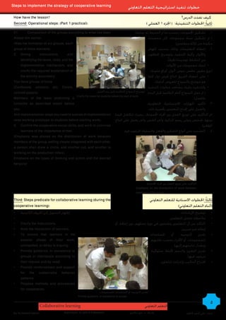 Steps to implement the strategy of cooperative learning                                       ‫خطوات تنفيذ استراتيجية التعلم التعاوني‬
 How have the lesson?                                                                                                              ‫كيف نفذت الدرس؟‬
 Second: Operational steps: )Part 1 practical(:                                                             ) ‫ثانياً: اخلطوات التنفيذية: ( اجلزء 1 العملي‬
 01.       Composition of the groups according to what has been                                 .ً‫1. تشكيل اجملموعات بحسب ما مت التخيط له سابقا‬
 Altejet him earlier.                                                                                     ‫( مت تشكيل ستة مجموعات كل مجموعة‬
 )Was the formation of six groups, each                                                                                         .)‫مكونة من ثالثة متعلمني‬
 group of three learners(.                                                                                ،‫2. إعطاء التعليمات، وذلك بتحديد املهام‬
 2. Giving          instructions,      and                                                                ‫واألدوار، وآلية التنفيذ، وتوضيح املطلوب‬
      identifying the tasks, roles, and the                                                                              .ً‫من النشاط توضيحا دقيقا‬
      implementation mechanism, and                                                                                     :‫• لديك مجموعات من األدوات‬
      clarify the required explanation of                                                                   .)‫( ورق مقوى، مقص، دبوس، ألوان، أوراق ملونة‬
      the activity accurately.                                                                            ‫• على أعضاء الفريق انتاج قرص دوار كما‬
 You have groups of tools:                                                                                     .‫هو موضح بالنموذج املعروض أمامك‬
 )Cardboard, scissors, pin, Colors,                                                                       ‫• وللتنفيذ عليك مبشاهد خطوات التنفيذ‬
 colored papers(.                                             ‫( مت عمل النموذج أمام التالميذ قبل البدء توضيح النموذج للتالميذ قبل بدء العمل‬
                                            Clarify the model for students before the start of work
 Members of the team producing a                                                                                                            .)‫بالعمل‬
 turntable as described model before                                                                     ،‫3. تأكيد املهارات االجتماعية التعاونية‬
 you.                                                                                                     .‫والعمل على إقناع املتعلمني بأهمية ذلك‬
 And implementation steps you need to scenes of implementation ‫(مت التأكيد على توزيع العمل بني أفراد اجملموعة،، يحيث تتكامل فيما‬
 )was working prototype to students before starting work(.                    ‫بينها، شخص يتولى رسم الدائرة، وآخر القص، وآخر يعمل على انتاج‬
 3. Confirm the cooperative social skills, and work to convince                                                                                   .)‫املؤشر‬
      learners of the importance of that.                                             .‫4. التشديد على أنواع التفكير والفعل والسلوك املرغوب فيه‬
 )Emphasis was placed on the distribution of work between
 members of the group, setting cleans integrated with each other,
 a person shall draw a circle, and another cut, and another is
 working on the production index(.
 Emphasis on the types of thinking and action and the desired
 behavior



                                                                                                         ‫التأكيد على توزيع العمل بني أفراد اجملموعة‬
                                                                                                   Emphasis on the distribution of work between
                                                                                                   members of the group
 Third: Steps predicate for collaborative learning )during the                                                 ‫ثالثاً: اخلطوات االسنادية للتعلم التعاوني‬
 cooperative learning(                                                                                                          )‫(أثناء التعلم التعاوني‬
 •    ‫إظهار التحويل إلى احلروف الالتينية‬                                                                                     .‫توضيح اإلرشادات‬                 •
 •                                                                                                                   .‫مالحظة تفاعل املتعلمني‬                  •
 •    Clarify the instructions.                                                  ‫التأكد من أن املتعلمني يتقدمون في دورة عملهم، دون إعاقة، أو‬                  •
 •    Note the interaction of learners.                                                                                       .‫إبطاء غير مبررين‬
 •    To ensure that learners in the                                                                    ‫تقدمي التوجيه، أو املساعدات‬                           •
      session ahead of their work,                                                                       ‫للمجموعات، أو األفراد بحسب طلبهم‬
      unimpeded, or delay is arguing.                                                                                   .‫ومبقدار حاجتهم إليها‬
 •    Provide guidance, or assistance to                                                                 ‫تقدمي التعزيز والدعم ألمناط سلوكية‬                   •
      groups or individuals according to                                                                                           .‫مرغوب فيها‬
      their request and by need.                                                                               .‫اقتراح أساليب وإجراءت للتعاون‬                 •
 •    Provide reinforcement and support
      for the undesirable behavior
      patterns.
 •    Propose methods and procedures
      for cooperation.
                                                                   ،‫تقدمي التوجيه، أو املساعدات للمجموعات‬
                                                  Provide guidance, or assistance to groups

                        Collaborative learning                                                            ‫التعلم التعاوني‬
                                                                                                                                                              5
 By: Ali Ahmed Kadhim                  Supervision: Dr.John A.G.Mckeown                       ‫إشراف : د. جون ماكيون‬                        ‫إعداد : علي أحمد كاظم‬
 