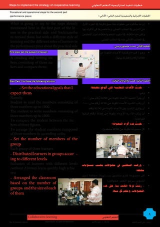 Steps to implement the strategy of cooperative learning                         ‫خطوات تنفيذ استراتيجية التعلم التعاوني‬
Procedural and operational steps for the second part
)performance piece(                                                                     ) ‫اخلطوات االجرائية والتنفيذية للجزء الثاني ( األدائي‬

What is going to say to the steps already                              ‫	 •�إن ما �ساأذكره من خطو�ت هنا �سبق ذكرها يف �جلزء �لأول‬
mentioned here in the first part of the le -                           ‫من �لدر�س يف �جلانب �لعملي، و�ساأخت�سرها كي �أذكرك بها‬
son in the practical side، and Sochtzaretha                            ‫ولكن مع �ختالف يف ��سلوب �لتعلم و�ختالف �أدو�ر �ملتعلمني‬
to remind them، but with a different style of
                                                                                         .‫يف �جلانب �لأد�ئي عنه يف �جلانب �لعملي‬
learning and the different roles of learners in
the performance piece about the practical side                                                            : ‫اخلطوة األولى: حددت موضوع درسي‬
First step: set the subject of lesson:                                                   ‫	 •وه��و ( ق ��ر�ءة وك�ت��اب��ة �لأع� ��د�د �مل�ك��ون��ة من‬
A )reading and writing nu -                                                                                 )‫ثالثة �أرقام و�ملقارنة بينها‬
bers، consisting of three nu -
bers and compare them(


Step Two: You have the following actions:                                                               :‫اخلطوة الثانية: قمت باإلجراءات التالية‬

	•   - Set the educational goals that I                                        :‫•- حددت �لأهد�ف �لتعليمية �لتي �أتوقع حتقيقها‬   ُ                 	
expect them:                                                                                                                      :‫•وهي‬           	
Namely:                                                                .1000 ‫•�أن يقر�أ �لتلميذ �لأعد�د �ملكونة من ثالثة �أرقام حتى‬               	
Student to read the numbers، consisting of                             .1000 ‫•�أن يكتب �لتلميذ �لأعد�د �ملكونة من ثالثة �أرقام حتى‬                	
three numbers up to 1000.                                                   .‫•�أن يقارن �لتلميذ بني �لأعد�د �ملكونة من ثالثة �أرقام‬               	
The student to write numbers، consisting of
                                                                       ‫•�أن يرتب �لتلميذ �لأع ��د�د �ملكونة من ثالثة �أرق��ام ترتيبا‬              	
three numbers up to 1000.
To compare the student between the nu -
                                                                                                                          .ً‫ت�ساعديا‬
bers of three figures.                                                                             :‫•- حددت عدد �أفر�د �ملجموعة‬
                                                                                                                              ُ                   	
To arrange the student numbers، composed                                                   .‫•كل جمموعة مكونة من ثالثة متعلمني‬                     	
of three numbers in ascending order.
- Set the number of members of the
group:
Each group of three learners.
- Distributed learners in groups accor -
ing to different levels:
Inclusion of learners with different levels                            ‫	 •- وزع��ت �ملتعلمني يف جمموعات بح�سب م�ستويات‬
)without Almtsuy، learn quickly، high achie -
                                                                                                                          :‫خمتلفة‬
ers(
                                                                       ‫	 •ك��ل جم�م��وع��ة ت�سم متعلمني مب���س�ت��وي��ات خمتلفة (دون‬
- Arranged the classroom
                                                                                                )‫�ملت�سوى، �سريعو �لتعلم ، متفوقني‬
based on the number of
                                                                                         ‫	 •- رتبت غرفة �ل�سف بناءِ على عدد‬
                                                                                                               ّ           ُ
groups، and the size of each
                                                                                                    .‫�ملجموعات، وحجم كل منها‬
of them.




                       Collaborative learning                                               ‫التعلم التعاوني‬
                                                                                                                                                   9
By: Ali Ahmed Kadhim                Supervision: Dr.John A.G.Mckeown            ‫إشراف : د. جون ماكيون‬                          ‫إعداد : علي أحمد كاظم‬
 