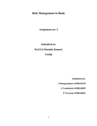 1
Risk Management in Bank
Assignment no: 2
Submitted to:
Prof.S.S.Shantha Kumari
VITBS
Submitted by:
S Ranganathan-14MBA0129
J Venkadesh-14MBA0055
P Yuvaraj-14MBA0041
 