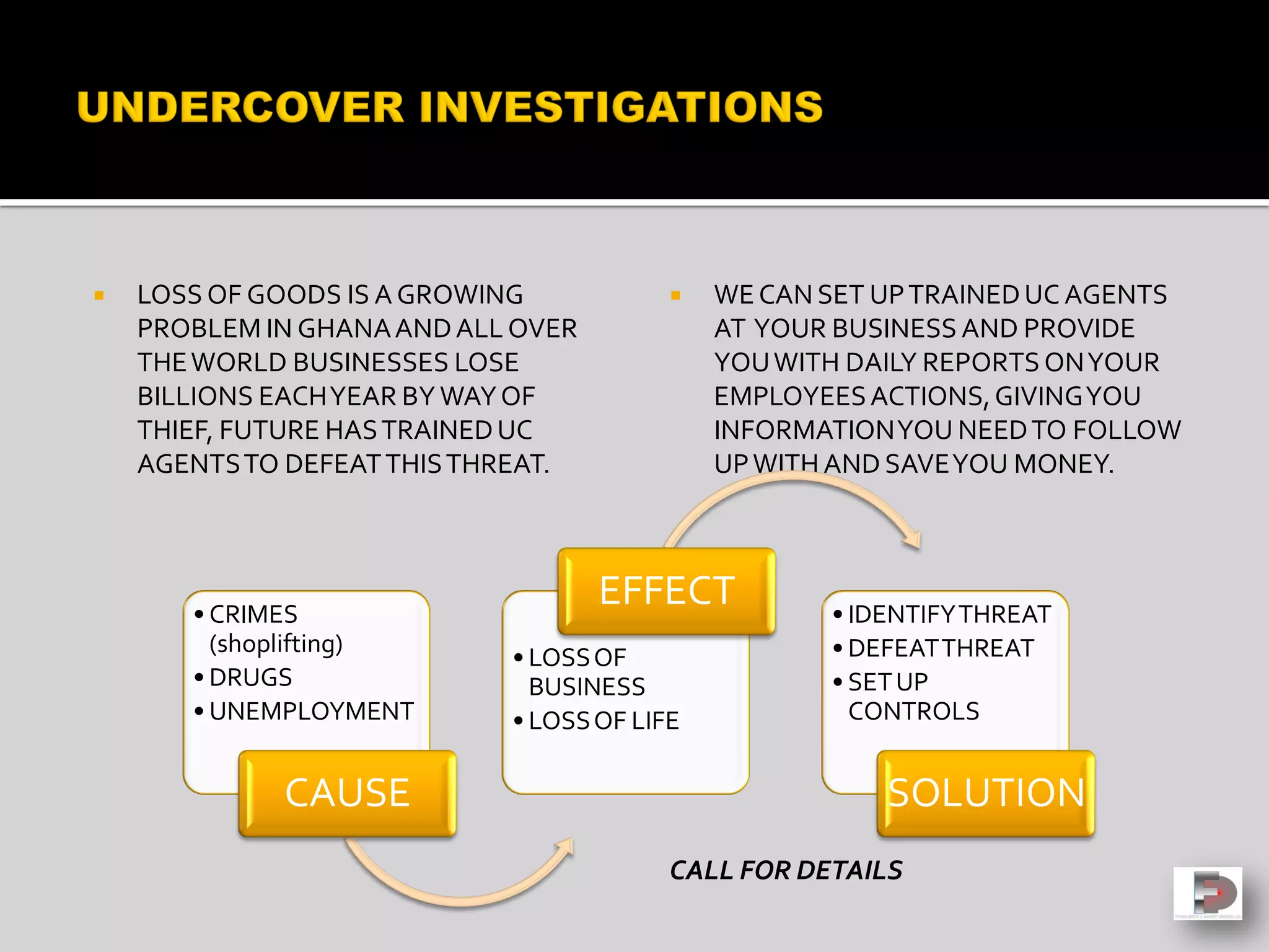  LOSS OF GOODS IS A GROWING
PROBLEM IN GHANAANDALL OVER
THEWORLD BUSINESSES LOSE
BILLIONS EACHYEAR BY WAYOF
THIEF, FUTURE HASTRAINEDUC
AGENTSTO DEFEATTHISTHREAT.
 WECAN SET UPTRAINEDUC AGENTS
AT YOUR BUSINESS AND PROVIDE
YOUWITH DAILY REPORTSONYOUR
EMPLOYEESACTIONS,GIVINGYOU
INFORMATIONYOU NEEDTO FOLLOW
UPWITH AND SAVEYOU MONEY.
CALL FOR DETAILS
• CRIMES
(shoplifting)
• DRUGS
• UNEMPLOYMENT
CAUSE
• LOSSOF
BUSINESS
• LOSSOF LIFE
EFFECT • IDENTIFYTHREAT
• DEFEATTHREAT
• SETUP
CONTROLS
SOLUTION
 