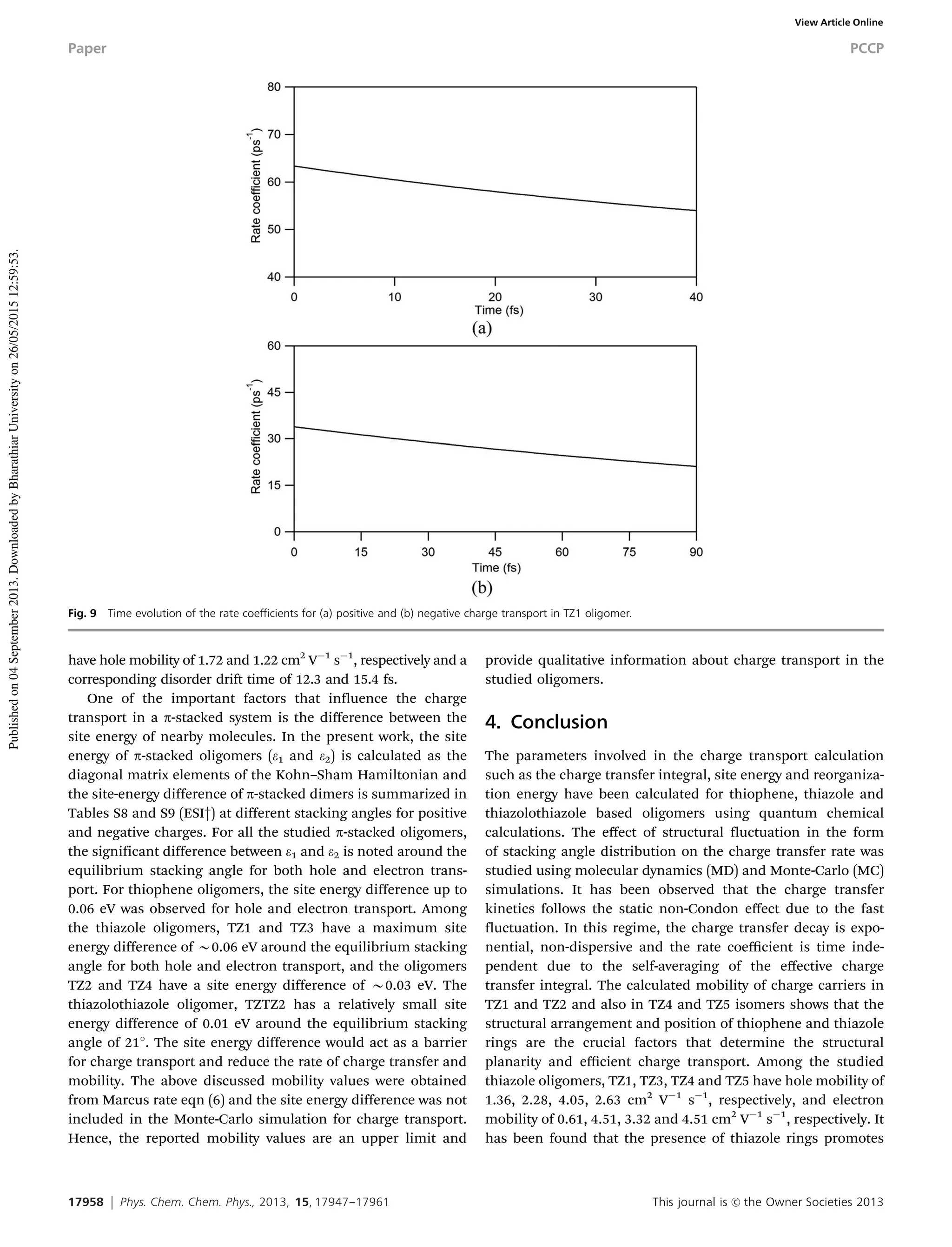 17958 Phys. Chem. Chem. Phys., 2013, 15, 17947--17961 This journal is c the Owner Societies 2013
have hole mobility of 1.72 and 1.22 cm2
VÀ1
sÀ1
, respectively and a
corresponding disorder drift time of 12.3 and 15.4 fs.
One of the important factors that influence the charge
transport in a p-stacked system is the diﬀerence between the
site energy of nearby molecules. In the present work, the site
energy of p-stacked oligomers (e1 and e2) is calculated as the
diagonal matrix elements of the Kohn–Sham Hamiltonian and
the site-energy difference of p-stacked dimers is summarized in
Tables S8 and S9 (ESI†) at different stacking angles for positive
and negative charges. For all the studied p-stacked oligomers,
the significant difference between e1 and e2 is noted around the
equilibrium stacking angle for both hole and electron trans-
port. For thiophene oligomers, the site energy difference up to
0.06 eV was observed for hole and electron transport. Among
the thiazole oligomers, TZ1 and TZ3 have a maximum site
energy difference of B0.06 eV around the equilibrium stacking
angle for both hole and electron transport, and the oligomers
TZ2 and TZ4 have a site energy difference of B0.03 eV. The
thiazolothiazole oligomer, TZTZ2 has a relatively small site
energy difference of 0.01 eV around the equilibrium stacking
angle of 211. The site energy difference would act as a barrier
for charge transport and reduce the rate of charge transfer and
mobility. The above discussed mobility values were obtained
from Marcus rate eqn (6) and the site energy difference was not
included in the Monte-Carlo simulation for charge transport.
Hence, the reported mobility values are an upper limit and
provide qualitative information about charge transport in the
studied oligomers.
4. Conclusion
The parameters involved in the charge transport calculation
such as the charge transfer integral, site energy and reorganiza-
tion energy have been calculated for thiophene, thiazole and
thiazolothiazole based oligomers using quantum chemical
calculations. The eﬀect of structural fluctuation in the form
of stacking angle distribution on the charge transfer rate was
studied using molecular dynamics (MD) and Monte-Carlo (MC)
simulations. It has been observed that the charge transfer
kinetics follows the static non-Condon eﬀect due to the fast
fluctuation. In this regime, the charge transfer decay is expo-
nential, non-dispersive and the rate coeﬃcient is time inde-
pendent due to the self-averaging of the eﬀective charge
transfer integral. The calculated mobility of charge carriers in
TZ1 and TZ2 and also in TZ4 and TZ5 isomers shows that the
structural arrangement and position of thiophene and thiazole
rings are the crucial factors that determine the structural
planarity and eﬃcient charge transport. Among the studied
thiazole oligomers, TZ1, TZ3, TZ4 and TZ5 have hole mobility of
1.36, 2.28, 4.05, 2.63 cm2
VÀ1
sÀ1
, respectively, and electron
mobility of 0.61, 4.51, 3.32 and 4.51 cm2
VÀ1
sÀ1
, respectively. It
has been found that the presence of thiazole rings promotes
Fig. 9 Time evolution of the rate coeﬃcients for (a) positive and (b) negative charge transport in TZ1 oligomer.
Paper PCCP
Publishedon04September2013.DownloadedbyBharathiarUniversityon26/05/201512:59:53.
View Article Online
 