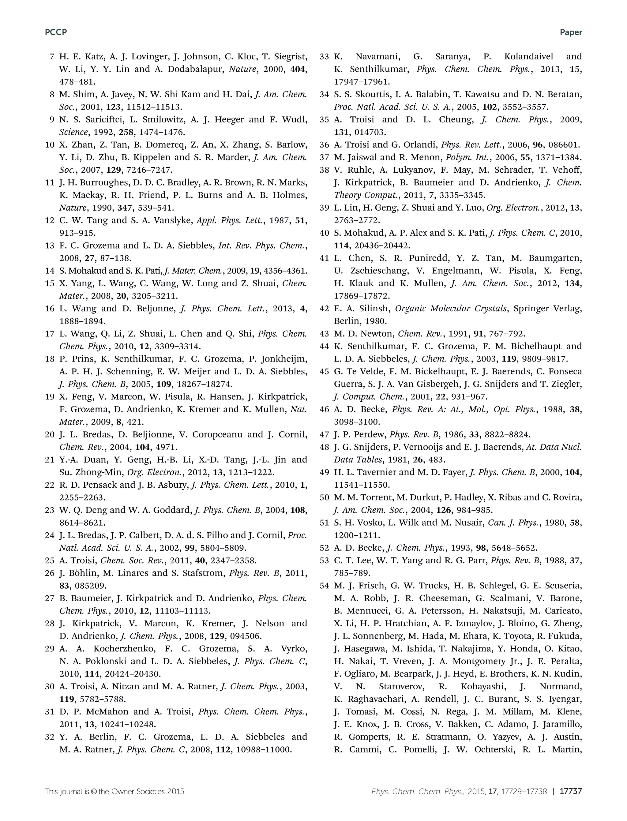This journal is ©the Owner Societies 2015 Phys. Chem. Chem. Phys., 2015, 17, 17729--17738 | 17737
7 H. E. Katz, A. J. Lovinger, J. Johnson, C. Kloc, T. Siegrist,
W. Li, Y. Y. Lin and A. Dodabalapur, Nature, 2000, 404,
478–481.
8 M. Shim, A. Javey, N. W. Shi Kam and H. Dai, J. Am. Chem.
Soc., 2001, 123, 11512–11513.
9 N. S. Sariciftci, L. Smilowitz, A. J. Heeger and F. Wudl,
Science, 1992, 258, 1474–1476.
10 X. Zhan, Z. Tan, B. Domercq, Z. An, X. Zhang, S. Barlow,
Y. Li, D. Zhu, B. Kippelen and S. R. Marder, J. Am. Chem.
Soc., 2007, 129, 7246–7247.
11 J. H. Burroughes, D. D. C. Bradley, A. R. Brown, R. N. Marks,
K. Mackay, R. H. Friend, P. L. Burns and A. B. Holmes,
Nature, 1990, 347, 539–541.
12 C. W. Tang and S. A. Vanslyke, Appl. Phys. Lett., 1987, 51,
913–915.
13 F. C. Grozema and L. D. A. Siebbles, Int. Rev. Phys. Chem.,
2008, 27, 87–138.
14 S. Mohakud and S. K. Pati, J. Mater. Chem., 2009, 19, 4356–4361.
15 X. Yang, L. Wang, C. Wang, W. Long and Z. Shuai, Chem.
Mater., 2008, 20, 3205–3211.
16 L. Wang and D. Beljonne, J. Phys. Chem. Lett., 2013, 4,
1888–1894.
17 L. Wang, Q. Li, Z. Shuai, L. Chen and Q. Shi, Phys. Chem.
Chem. Phys., 2010, 12, 3309–3314.
18 P. Prins, K. Senthilkumar, F. C. Grozema, P. Jonkheijm,
A. P. H. J. Schenning, E. W. Meijer and L. D. A. Siebbles,
J. Phys. Chem. B, 2005, 109, 18267–18274.
19 X. Feng, V. Marcon, W. Pisula, R. Hansen, J. Kirkpatrick,
F. Grozema, D. Andrienko, K. Kremer and K. Mullen, Nat.
Mater., 2009, 8, 421.
20 J. L. Bredas, D. Beljionne, V. Coropceanu and J. Cornil,
Chem. Rev., 2004, 104, 4971.
21 Y.-A. Duan, Y. Geng, H.-B. Li, X.-D. Tang, J.-L. Jin and
Su. Zhong-Min, Org. Electron., 2012, 13, 1213–1222.
22 R. D. Pensack and J. B. Asbury, J. Phys. Chem. Lett., 2010, 1,
2255–2263.
23 W. Q. Deng and W. A. Goddard, J. Phys. Chem. B, 2004, 108,
8614–8621.
24 J. L. Bredas, J. P. Calbert, D. A. d. S. Filho and J. Cornil, Proc.
Natl. Acad. Sci. U. S. A., 2002, 99, 5804–5809.
25 A. Troisi, Chem. Soc. Rev., 2011, 40, 2347–2358.
26 J. Bo¨hlin, M. Linares and S. Stafstrom, Phys. Rev. B, 2011,
83, 085209.
27 B. Baumeier, J. Kirkpatrick and D. Andrienko, Phys. Chem.
Chem. Phys., 2010, 12, 11103–11113.
28 J. Kirkpatrick, V. Marcon, K. Kremer, J. Nelson and
D. Andrienko, J. Chem. Phys., 2008, 129, 094506.
29 A. A. Kocherzhenko, F. C. Grozema, S. A. Vyrko,
N. A. Poklonski and L. D. A. Siebbeles, J. Phys. Chem. C,
2010, 114, 20424–20430.
30 A. Troisi, A. Nitzan and M. A. Ratner, J. Chem. Phys., 2003,
119, 5782–5788.
31 D. P. McMahon and A. Troisi, Phys. Chem. Chem. Phys.,
2011, 13, 10241–10248.
32 Y. A. Berlin, F. C. Grozema, L. D. A. Siebbeles and
M. A. Ratner, J. Phys. Chem. C, 2008, 112, 10988–11000.
33 K. Navamani, G. Saranya, P. Kolandaivel and
K. Senthilkumar, Phys. Chem. Chem. Phys., 2013, 15,
17947–17961.
34 S. S. Skourtis, I. A. Balabin, T. Kawatsu and D. N. Beratan,
Proc. Natl. Acad. Sci. U. S. A., 2005, 102, 3552–3557.
35 A. Troisi and D. L. Cheung, J. Chem. Phys., 2009,
131, 014703.
36 A. Troisi and G. Orlandi, Phys. Rev. Lett., 2006, 96, 086601.
37 M. Jaiswal and R. Menon, Polym. Int., 2006, 55, 1371–1384.
38 V. Ruhle, A. Lukyanov, F. May, M. Schrader, T. Vehoﬀ,
J. Kirkpatrick, B. Baumeier and D. Andrienko, J. Chem.
Theory Comput., 2011, 7, 3335–3345.
39 L. Lin, H. Geng, Z. Shuai and Y. Luo, Org. Electron., 2012, 13,
2763–2772.
40 S. Mohakud, A. P. Alex and S. K. Pati, J. Phys. Chem. C, 2010,
114, 20436–20442.
41 L. Chen, S. R. Puniredd, Y. Z. Tan, M. Baumgarten,
U. Zschieschang, V. Engelmann, W. Pisula, X. Feng,
H. Klauk and K. Mullen, J. Am. Chem. Soc., 2012, 134,
17869–17872.
42 E. A. Silinsh, Organic Molecular Crystals, Springer Verlag,
Berlin, 1980.
43 M. D. Newton, Chem. Rev., 1991, 91, 767–792.
44 K. Senthilkumar, F. C. Grozema, F. M. Bichelhaupt and
L. D. A. Siebbeles, J. Chem. Phys., 2003, 119, 9809–9817.
45 G. Te Velde, F. M. Bickelhaupt, E. J. Baerends, C. Fonseca
Guerra, S. J. A. Van Gisbergeh, J. G. Snijders and T. Ziegler,
J. Comput. Chem., 2001, 22, 931–967.
46 A. D. Becke, Phys. Rev. A: At., Mol., Opt. Phys., 1988, 38,
3098–3100.
47 J. P. Perdew, Phys. Rev. B, 1986, 33, 8822–8824.
48 J. G. Snijders, P. Vernooijs and E. J. Baerends, At. Data Nucl.
Data Tables, 1981, 26, 483.
49 H. L. Tavernier and M. D. Fayer, J. Phys. Chem. B, 2000, 104,
11541–11550.
50 M. M. Torrent, M. Durkut, P. Hadley, X. Ribas and C. Rovira,
J. Am. Chem. Soc., 2004, 126, 984–985.
51 S. H. Vosko, L. Wilk and M. Nusair, Can. J. Phys., 1980, 58,
1200–1211.
52 A. D. Becke, J. Chem. Phys., 1993, 98, 5648–5652.
53 C. T. Lee, W. T. Yang and R. G. Parr, Phys. Rev. B, 1988, 37,
785–789.
54 M. J. Frisch, G. W. Trucks, H. B. Schlegel, G. E. Scuseria,
M. A. Robb, J. R. Cheeseman, G. Scalmani, V. Barone,
B. Mennucci, G. A. Petersson, H. Nakatsuji, M. Caricato,
X. Li, H. P. Hratchian, A. F. Izmaylov, J. Bloino, G. Zheng,
J. L. Sonnenberg, M. Hada, M. Ehara, K. Toyota, R. Fukuda,
J. Hasegawa, M. Ishida, T. Nakajima, Y. Honda, O. Kitao,
H. Nakai, T. Vreven, J. A. Montgomery Jr., J. E. Peralta,
F. Ogliaro, M. Bearpark, J. J. Heyd, E. Brothers, K. N. Kudin,
V. N. Staroverov, R. Kobayashi, J. Normand,
K. Raghavachari, A. Rendell, J. C. Burant, S. S. Iyengar,
J. Tomasi, M. Cossi, N. Rega, J. M. Millam, M. Klene,
J. E. Knox, J. B. Cross, V. Bakken, C. Adamo, J. Jaramillo,
R. Gomperts, R. E. Stratmann, O. Yazyev, A. J. Austin,
R. Cammi, C. Pomelli, J. W. Ochterski, R. L. Martin,
PCCP Paper
 