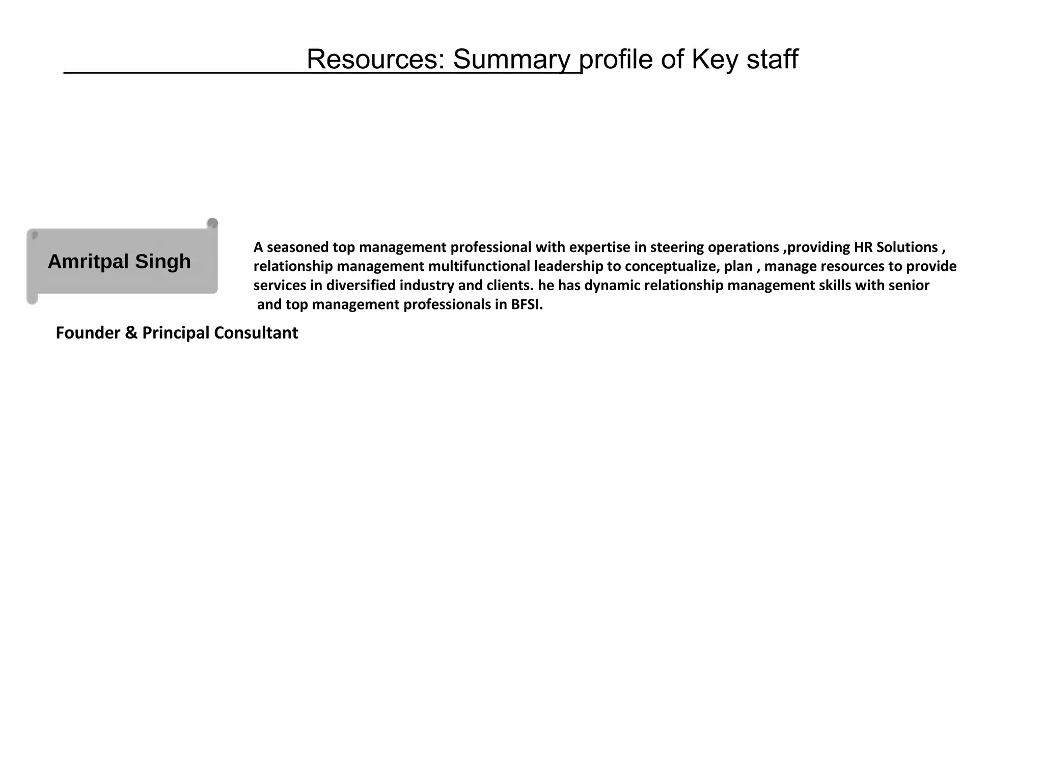 Resources: Summary profile of Key staff
Amritpal Singh
Founder & Principal Consultant
A seasoned top management professional with expertise in steering operations ,providing HR Solutions ,
relationship management multifunctional leadership to conceptualize, plan , manage resources to provide
services in diversified industry and clients. he has dynamic relationship management skills with senior
and top management professionals in BFSI.
 