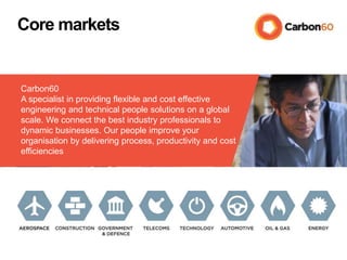 Core markets
Carbon60
A specialist in providing flexible and cost effective
engineering and technical people solutions on a global
scale. We connect the best industry professionals to
dynamic businesses. Our people improve your
organisation by delivering process, productivity and cost
efficiencies
 