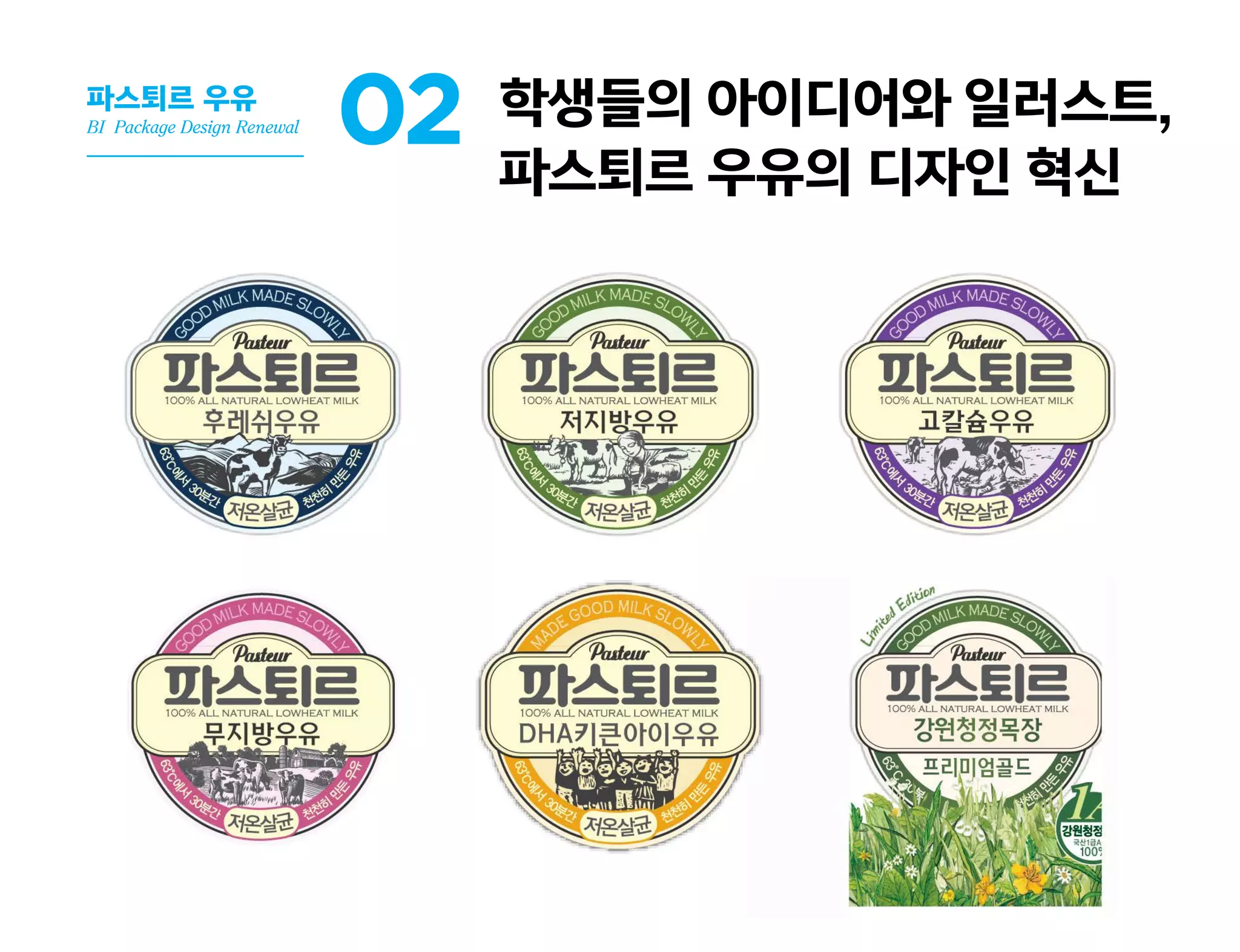 학생들의 아이디어와 일러스트,
파스퇴르 우유의 디자인 혁신
파스퇴르 우유
BI, Package Design Renewal
02
 
