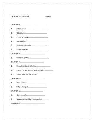 CHAPTER ARRANGEMENT page no.
CHAPTER- 1 ………………………………………………
1. Introduction…………………………………………….
2. Objective……………………………………………….
3. Period of study…………………………………………
4. Methodology…………………………………………..
5. Limitation of study……………………………… …..
6. Scope of study……………………………………….....
CHAPTER- ll………………………………………………….
1. company profile……………………………………….,
CHAPTER-lll…………………………………………………
1. Recruitment and Selection……………………………
2. Process of recruitment and selection …………………
3. Factor affecting the process……………………………
CHAPTER- lV………………………………………………..
1. Data analysis…………………………………………
2. SWOT Analysis………………………………………
CHAPTER- V………………………………………………
1. Questionnaire……………………………………
2. Suggestions and Recommendation……………
Bibliography……………………………………………….,,
 