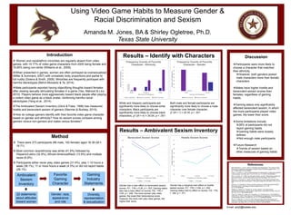Using Video Game Habits to Measure Gender &
Racial Discrimination and Sexism
Amanda M. Jones, BA & Shirley Ogletree, Ph.D.
Texas State University
Introduction
 Women and racial/ethnic minorities are regularly absent from video
games, with 14.77% of video game characters from 2005 being female and
19.95% being non-white (Williams et al., 2009).
When presented in games, women are often portrayed as oversexualized
(Miller & Summers, 2007) with unrealistic body proportions and partial to
full nudity (Downs & Smith, 2009). Minorities are frequently portrayed with
harmful stereotypes (Behm-Morawitz & Ta, 2014).
Male participants reported having objectifying thoughts toward females
after viewing sexually stimulating females in a game (Yao, Mahood & Linz,
2010). Players behave more aggressively toward black people after playing
a violent video game as a black avatar, reinforcing harmful racial
stereotypes (Yang et al., 2014).
The Ambivalent Sexism Inventory (Glick & Fiske, 1996) has measured
hostile and benevolent sexism of gamers (Stermer & Burkley, 2015).
How do college gamers identify with their favorite video game character
based on gender and ethnicity? How do sexism scores compare among
gamers versus non-gamers and males versus females?
References:
• Behm-Morawitz, E., & Ta, D. (2014). Cultivating virtual stereotypes?: The impact of video
game play on racial/ethnic stereotypes. Howard Journal Of Communications, 25(1), 1-15.
doi:10.1080/10646175.2013.835600
• Down, E., & Smith, S.L. (2010). Keeping abreast of hypersexuality: A video game character
content analysis. Sex Roles, 62(11-12), 721-733. Doi: 10.1007/s11199-009-9637-1
• Glick, P. & Fiske, S.T. (1996) The Ambivalent Sexism Inventory: Differentiating Hostile and
Benevolent Sexism. Journal of Personality and Social Psychology, 70(3). 491-512.
• Miller, M. K., & Summers, A. (2007). Gender differences in video game characters' roles,
appearances, and attire as portrayed in video game magazines. Sex Roles, 57(9-10), 733-
742.
• Stermer, S. P., & Burkley, M. (2015). SeX-Box: Exposure to sexist video games predicts
benevolent sexism. Psychology Of Popular Media Culture, 4(1), 47-55.
doi:10.1037/a0028397
• Williams, D., Martins, N., Consalvo, M., & Ivory, James D. The virtual census:
representations of gender, race and age in video games. New Media & Society 11(5), 815-
834. Doi: 10.1177/1461444809105354
• Yang, G.S., Gibson, B., Lueke, A.K., Huesmann, L.R., & Bushman, B.J. (2014) Effects of
Avatar Race in Violent Video Games on Racial Attitudes and Aggression. Social Psychology
and Personality Science, 5 (6) 698-704. doi: 10.1177/1948550614528008
• Yao, M. Z., Mahood, C., & Linz, D. (2010). Sexual priming, gender stereotyping, and
likelihood to sexually harass: Examining the cognitive effects of playing a sexually-explicit
video game. Sex Roles, 62(1-2), 77-88. doi:10.1007/s11199-009-9695-4
Email: amj3@txstate.edu
Method
 There were 273 participants (86 male, 183 female) aged 18-39 (M =
18.71)
 Most common race/ethnicity was white (41.6%) followed by
Hispanic/Latino (32.8%), African-America/Black (13.9%) and multiple
races (6.9%)
 Participants either never play video games (31.4%), play 1-10 hours a
week (36.1%), 11 or more hours a week (4.3%) or did not report habits
(28.1%).
Discussion
Participants were more likely to
choose a character that matched
their ethnicity.
However, both genders picked
male characters more than female
characters
Males have higher hostile and
benevolent sexism scores than
females, regardless of gaming
habits.
Gaming status only significantly
affected benevolent sexism, in which
the more participants played video
games, the lower their score.
Some limitations include:
28% of participants did not
report gaming habits.
Gaming habits were loosely
defined.
Not enough male participants
Future Research
Trends of sexism based on
other measures of gaming habits
Results – Ambivalent Sexism Inventory
Results – Identify with Characters
Ambivalent
Sexism
Inventory
Favorite
Gaming
Character
Gaming
Industry
Statements
22 statements
about attitudes
toward women
Gender, race,
appearance
and role
Diversity,
representation
& sexualization
White and Hispanic participants are
significantly more likely to choose white
characters. Black participants are
significantly more likely to choose black
characters, χ2 (df = 4) = 39.54, p < .001
0
5
10
15
20
25
30
35
40
Black Hispanic White
NumberofParticipants
Ethnicity of Participant
Frequency Counts of Favorite
Character - Ethnicity
Black Character Hispanic Character White Character
0
10
20
30
40
50
60
70
Male Female
NumberofParticipants
Gender of Participant
Frequency Counts of Favorite
Character - Gender
Male Character Female Character
Both male and female participants are
significantly more likely to choose a male
character over female character,
χ2 (df = 1) = 22.34, p < .001
32
34
36
38
40
42
Never 1-5 hours 6 + hours
BenevolentSexismScores
Frequency of Gaming Habits
Benevolent Sexism Scores
Male Female
33
34
35
36
37
38
39
40
41
Never 1-5 hours 6 + hours
HostileSexismScores
Frequency of Gaming Habits
Hostile Sexism Scores
Male Female
Gender has a main effect on benevolent sexism
scores, F(1, 176) = 5.26, p = .023. Gaming status
also has a main effect on scores, F(2, 176) =
3.06, p = .049. The more women play video
games, the lower their benevolence score.
However, the more men play video games, the
higher their score.
Gender has a marginal main effect on hostile
sexism scores, F(1, 176) = 3.84, p = .052.
Gaming status had no effect on scores, F(2, 176)
= .562, p = .571.
 