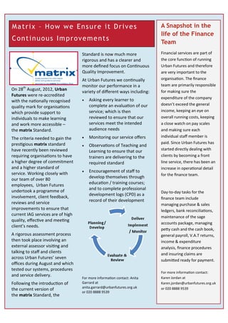 A Snapshot in the
life of the Finance
Team
Financial services are part of
the core function of running
Urban Futures and therefore
are very important to the
organisation. The finance
team are primarily responsible
for making sure the
expenditure of the company
doesn’t exceed the general
income, keeping an eye on
overall running costs, keeping
a close watch on pay scales
and making sure each
individual staff member is
paid. Since Urban Futures has
started directly dealing with
clients by becoming a front
line service, there has been an
increase in operational detail
for the finance team.
Day-to-day tasks for the
finance team include
managing purchase & sales
ledgers, bank reconciliations,
maintenance of the sage
accounts package, managing
petty cash and the cash book,
general payroll, V.A.T returns,
income & expenditure
analysis, finance procedures
and insuring claims are
submitted ready for payment.
For more information contact:
Karen Jordan at
Karen.jordan@urbanfutures.org.uk
or 020 8888 9539
On 28th
August, 2012, Urban
Futures were re-accredited
with the nationally recognised
quality mark for organisations
which provide support to
individuals to make learning
and work more accessible –
the matrix Standard.
The criteria needed to gain the
prestigious matrix standard
have recently been reviewed
requiring organisations to have
a higher degree of commitment
and a higher standard of
service. Working closely with
our team of over 80
employees, Urban Futures
undertook a programme of
involvement, client feedback,
reviews and service
improvements to ensure that
current IAG services are of high
quality, effective and meeting
client’s needs.
A rigorous assessment process
then took place involving an
external assessor visiting and
talking to staff and clients
across Urban Futures’ seven
offices during August and which
tested our systems, procedures
and service delivery.
Following the introduction of
the current version of
the matrix Standard, the
Standard is now much more
rigorous and has a clearer and
more defined focus on Continuous
Quality Improvement.
At Urban Futures we continually
monitor our performance in a
variety of different ways including:
 Asking every learner to
complete an evaluation of our
service; which is then
reviewed to ensure that our
services meet the intended
audience needs
 Monitoring our service offers
 Observations of Teaching and
Learning to ensure that our
trainers are delivering to the
required standard
 Encouragement of staff to
develop themselves through
education / training courses;
and to complete professional
development logs (CPD) as a
record of their development
For more information contact: Anita
Garrard at
anita.garrard@urbanfutures.org.uk
or 020 8888 9539
Matrix – How we Ensure it Drives
Continuous Improvements
 