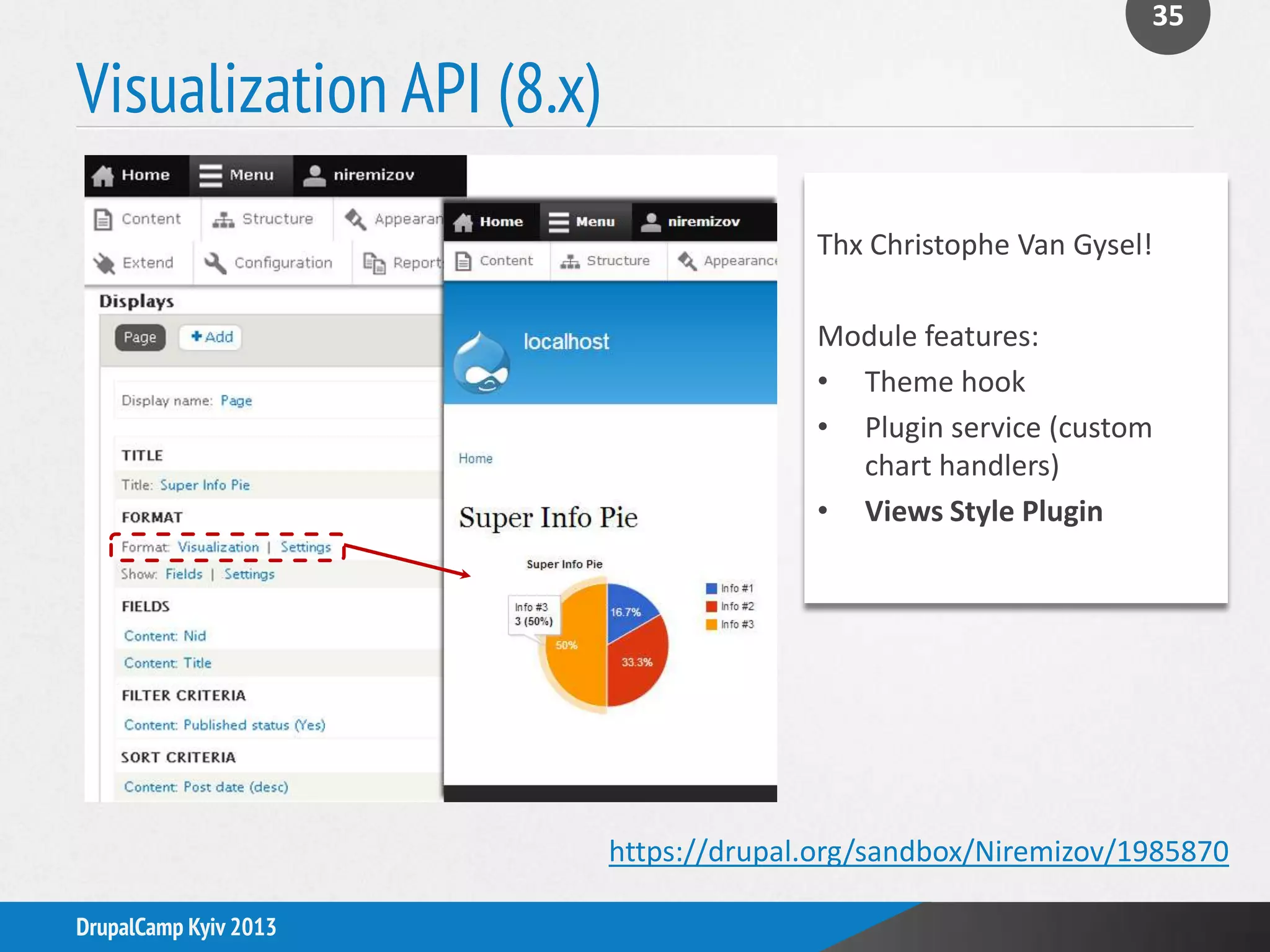 Visualization API (8.x)
35
DrupalCamp Kyiv 2013
https://drupal.org/sandbox/Niremizov/1985870
Thx Christophe Van Gysel!
Module features:
• Theme hook
• Plugin service (custom
chart handlers)
• Views Style Plugin
 