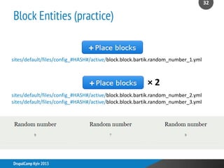 Block Entities (practice)
32
DrupalCamp Kyiv 2013
sites/default/files/config_#HASH#/active/block.block.bartik.random_number_1.yml
× 2
sites/default/files/config_#HASH#/active/block.block.bartik.random_number_2.yml
sites/default/files/config_#HASH#/active/block.block.bartik.random_number_3.yml
 