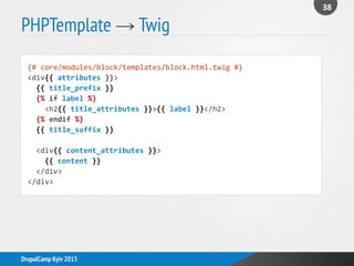 PHPTemplate → Twig
38
DrupalCamp Kyiv 2013
{# core/modules/block/templates/block.html.twig #}
<div{{ attributes }}>
{{ title_prefix }}
{% if label %}
<h2{{ title_attributes }}>{{ label }}</h2>
{% endif %}
{{ title_suffix }}
<div{{ content_attributes }}>
{{ content }}
</div>
</div>
 