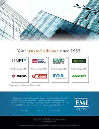Hunt Davis | 919.785.9212 | hdavis@fminet.com
Knowledge • Expertise • Relationships
* Represented by FMI Capital Advisors, Inc.
Your trusted advisor since 1953.
FMI’s exclusive focus on the engineering and construction industry has led
to more than 600 successful M&A transactions. FMI professionals have
extensive industry knowledge, relationships and transaction experience that
has made FMI one of the industry’s most trusted advisors for 60 years.
Investment banking services provided by FMI Capital Advisors, Inc., a registered broker-dealer and wholly owned subsidiary of FMI.
www.fminet.com
 
