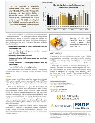 There are also challenges to be considered when implementing
purchase can become a sticking point if funding mechanisms can-
not be obtained or agreed upon. Other areas of concern needed to
be evaluated include:
In the right situation and if structured properly, a management
buyout can still provide a favorable outcome to selling business
owners.
ESOP may be a valuable transition alternative. While an ESOP may
and employee incentives are powerful transaction tools.
What are the characteristics of a good ESOP candidate? At
in place to operate the business post closing. Third, the owners gen-
incentives provided through the ESOP can assist in the perpetua-
tion of the enterprise.
ESOP companies can range in size from as few as 20 employees
to thousands of employees. ESOPs can be minority shareholders,
but also can own 100% of the outstanding shares. There is a great
transition strategy.
Summary
We are entering a period in which many business owners will face
increasing pressure on creating a successful ownership transition.
In addition to considering a sale to a strategic buyer or private equity
their business.
2013 Fall Conference in Scottsdale, Arizona as part of the educa-
tion series on Monday and Tuesday, October 28th and 29th. These
sessions are sponsored by Chartwell Capital Solutions, ESOP
Law Group, and Crowe Horwath. Please contact Leo Hoch at
202.682.4341 or lhoch@ acec.org for further information on the
program.
The AEC industry is incredibly
generally exceed 10,000 companies.
The material in this article is provided for informational purposes only and is not
reader seeking such advice is encouraged to confer with an appropriate professional
consultant or attorney.
24
18 19
14 15
18
26
24 24
18
27
22
13
23
19
30
22
35
28
26
0
10
20
30
40
Q3 Q4 Q1 Q2 Q3 Q4 Q1 Q2 Q3 Q4 Q1 Q2 Q3 Q4 Q1 Q2 Q3 Q4 Q1 Q2
2012
ADVERTISEMENT
 