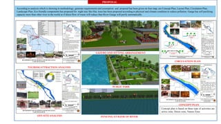 PROPOSAL
According to analysis which is showing in methodology, generate requirements and assumption and proposal has been given on four map, are Concept Plan, Layout Plan, Circulation Plan,
Landscape Plan..Eco friendly components has proposed for night stay like Hut, trees has been proposed according to physical and climate condition to reduce pollution. Ganga has self purifying
capacity more than other river in the world so if direct flow of waste will reduce than River Ganga will purify automatically.
CIRCULATION PLAN
OFF-SITE ANALYSIS
TOURISM ATTRACTION ANALYSIS
CONCEPT PLAN
GAZEBO AND SITTING ARRANGEMENT
PUBLIC PARK
FENCING AT BANK OF RIVER
Concept plan is based on three type of activities are
active zone, Dense zone, Nature Zone.
 