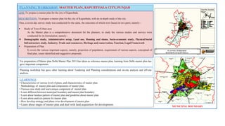PLANNING WORKSHOP: MASTER PLAN, KAPURTHALA CITY, PUNJAB
AIM: To prepare a master plan for the city of Kapurthala.
DESCRIPTION: To prepare a master plan for the city of Kapurthala, with an in-depth study of the city.
Thus, a seven day survey study was conducted for the same, the outcomes of which were based on two parts; namely:-
 Study of Town/Urban area
As the Master plan is a comprehensive document for the planners, to study the various studies and surveys were
conducted for its formulation; namely:-
 Demographic study, Administrative setup, Land use, Housing and slums, Socio-economic study, Physical/Social
Infrastructure study, Industry, Trade and commerce, Heritage and conservation, Tourism, Legal Framework
 Preparation of Plan
It covers the various important aspects, namely, projection of population, requirement of various aspects, conceptual of
final plan, issues identified and suggestive proposals.
For preparation of Master plan Delhi Master Plan 2031 has taken as reference master plan, learning from Delhi master plan has
gave important components
Planning workshop has gave other learning about Tendering and Planning considerations and on-site analysis and off-site
analysis.
LEARNINGS
• Characteristics of various level of plans, and characteristics of master plan.
• Methodology of master plan and components of master plan.
• Various case study and learn unique component of master plan
• Learn different between municipal boundary and master plan boundary.
• Learn about landuse pattern of master plan and guideline about master plan.
• Learn about analysis pattern for master plan.
• How develop strategy and phase wise development of master plan.
• Learn about stages of master plan and deal with land acquisition for development.
PLANNING WORKSHOP
MASTER PLAN KAPUTHALA
MUNICIPAL BOUNDARY
 
