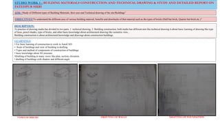 STUDIO WORK 1 : BUILDING MATERIALS CONSTRUCTION AND TECHNICAL DRAWING & STUDY AND DETAILED REPORT ON
FATEHPUR SIKRI
AIM: “Study of Different types of Building Materials, their uses and Technical drawing of the site/Buildings”
DESCRIPTION:
To practice of drawing studio has divided in two parts. 1. technical drawing, 2. Building construction, both studio has different aim like technical drawing is about basic learning of drawing like type
of lines, pencil shades, type of bricks, and other basic knowledge about architectural drawing like isometric view, .
Building construction is about architectural knowledge and drawings about construction buildings.
TYPES OF BRICKS DRAFTING OF WALLS DRAFTING OF FOUNDATION
OBJECTIVES“To understand the different uses of various building material, benefits and drawbacks of that material such as the types of bricks (Half bat brick, Quarter bat brick etc.)”
LEARNINGS
• For basic learning of construction to work in AutoCAD.
• Scale of buildings and view of building in drafting.
• Types and method of components of construction of buildings.
• basic knowledge about 3D structure.
•Drafting of building in many views like plan, section, elevation.
• drafting of buildings with shadow and different angle.
 